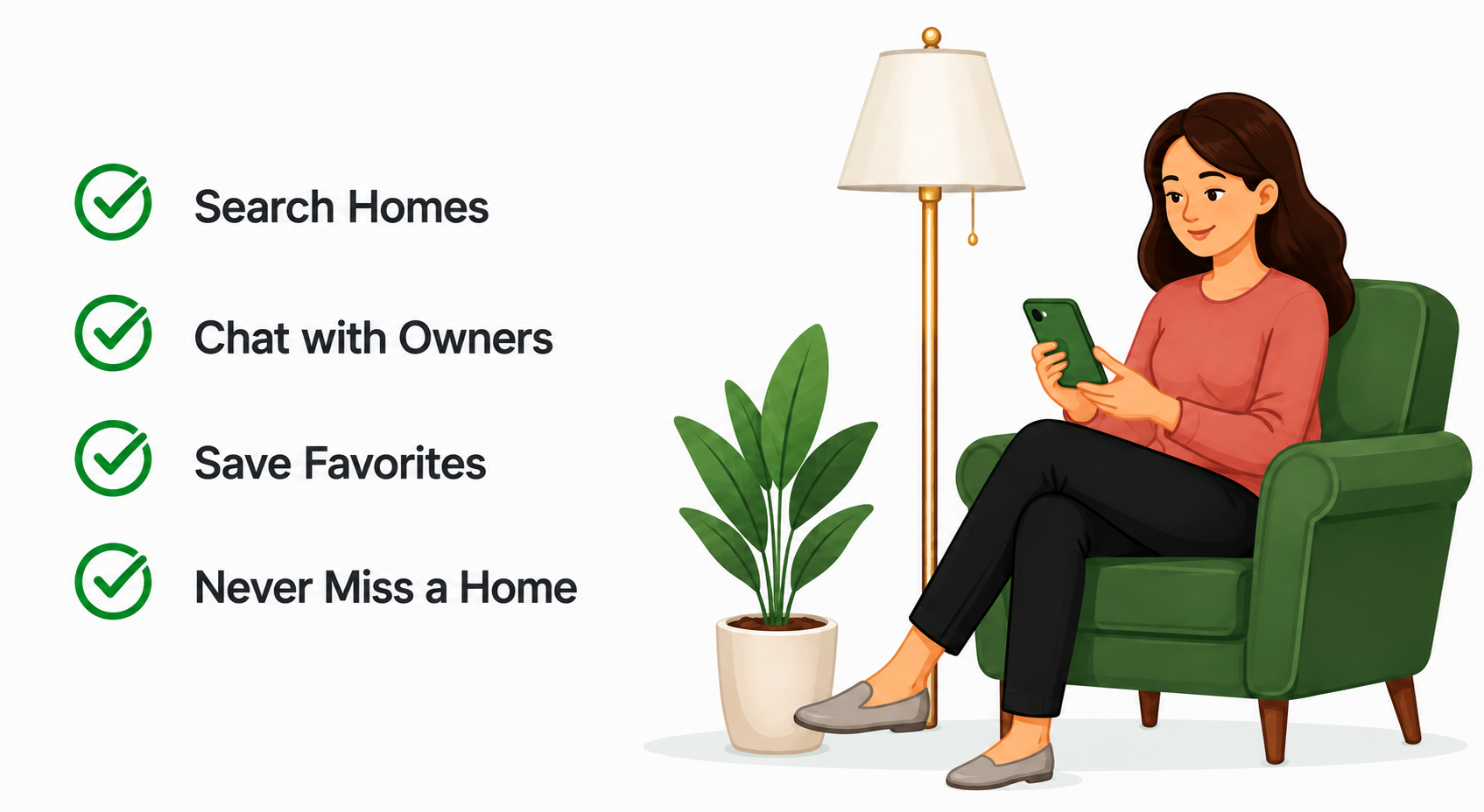 HiOwner app — search homes, chat with owners, save favorites, get notified instantly